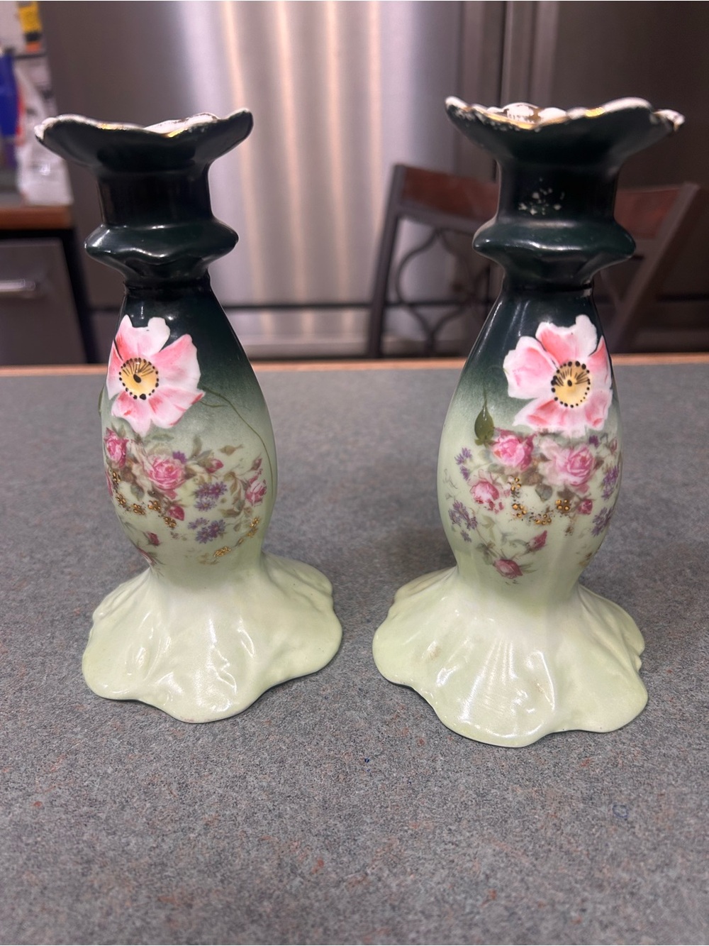 Vintage Hand-Painted Floral Ceramic Candle Holders in Green and Pink